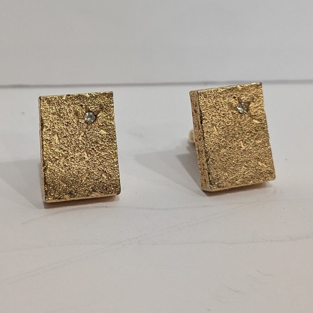Vintage Brutalist Dynasty Gold Tone Textured Starburst Rhinestone Cufflinks Mens